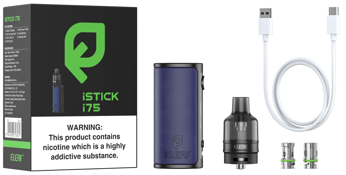 Package of Eleaf iStick i75 with EP Pod Tank vape kit 5ml-TPD